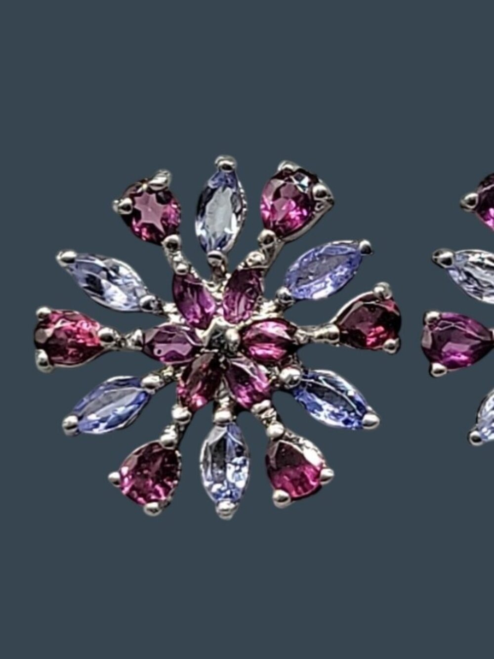 Sterling Silver Tanzanite Rhodolite Garnet Snowflake Starburst Cluster Earrings - Picture 3 of 10